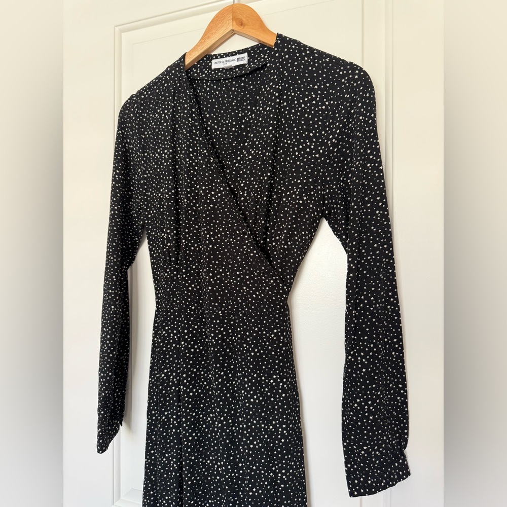 Ines de la Fressange x Uniqlo LS Black Star Polka Dot Wrap Dress Small Celestial - Picture 3 of 7